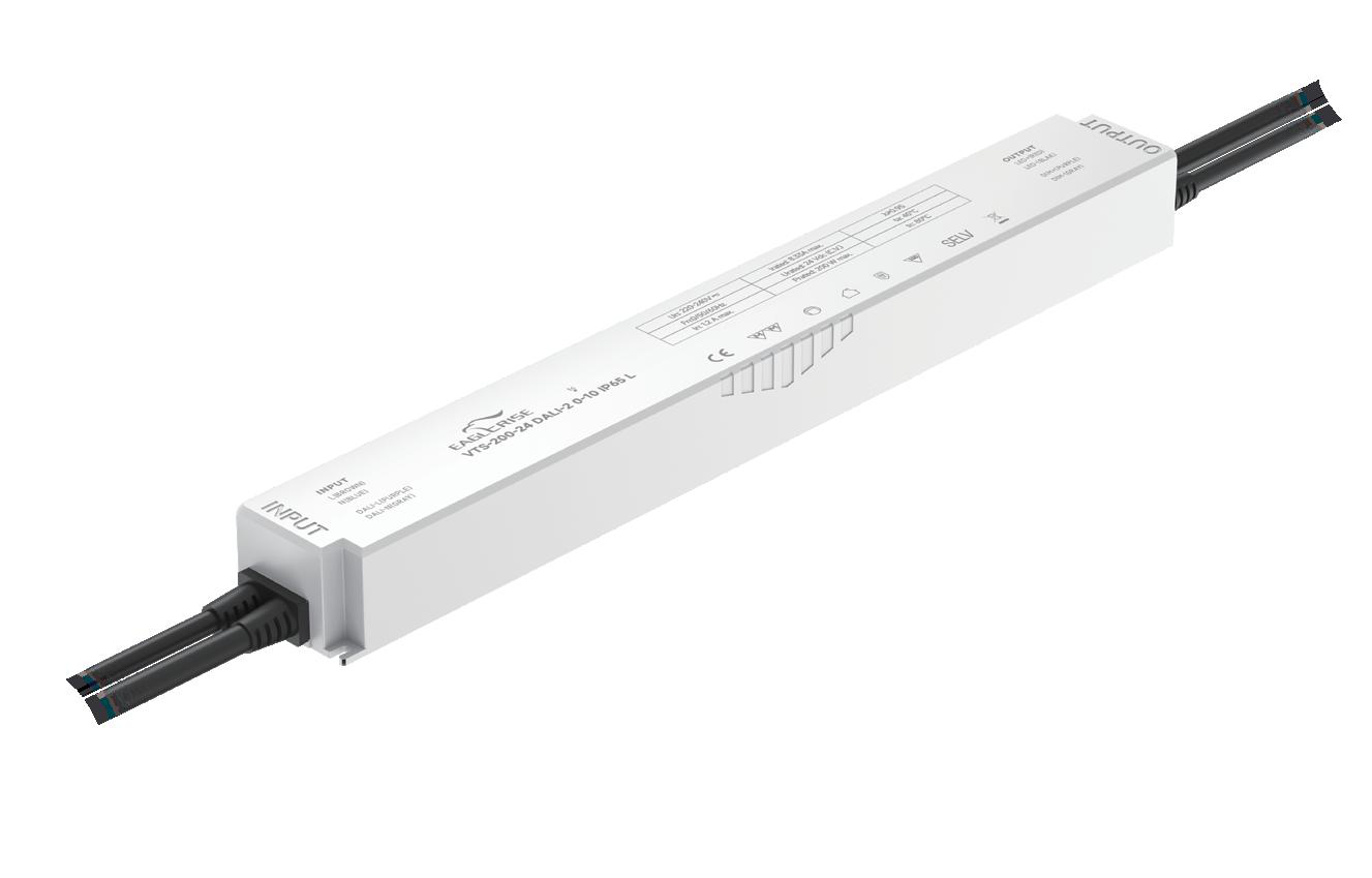 Eaglerise VTS-200-24 DALI-2 and 0-10V IP65 constant voltage LED driver with marked input and output leads