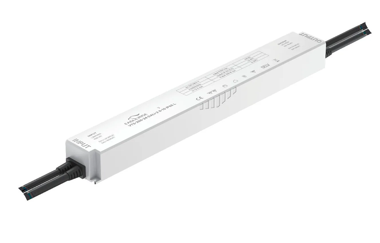 Eaglerise VTS-200-24 DALI-2 and 0-10V IP65 constant voltage LED driver with marked input and output leads