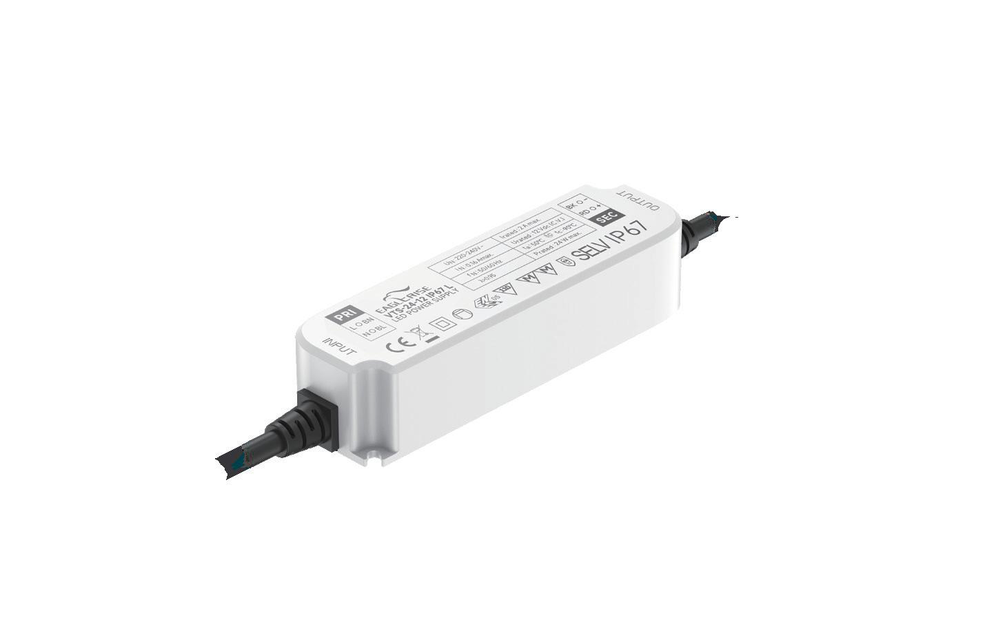 Eaglerise VTS IP67 constant voltage LED driver, sealed housing with pre-fitted input and output leads