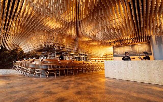 Mendokoro Ramenba dining room with sculptural wood ceiling