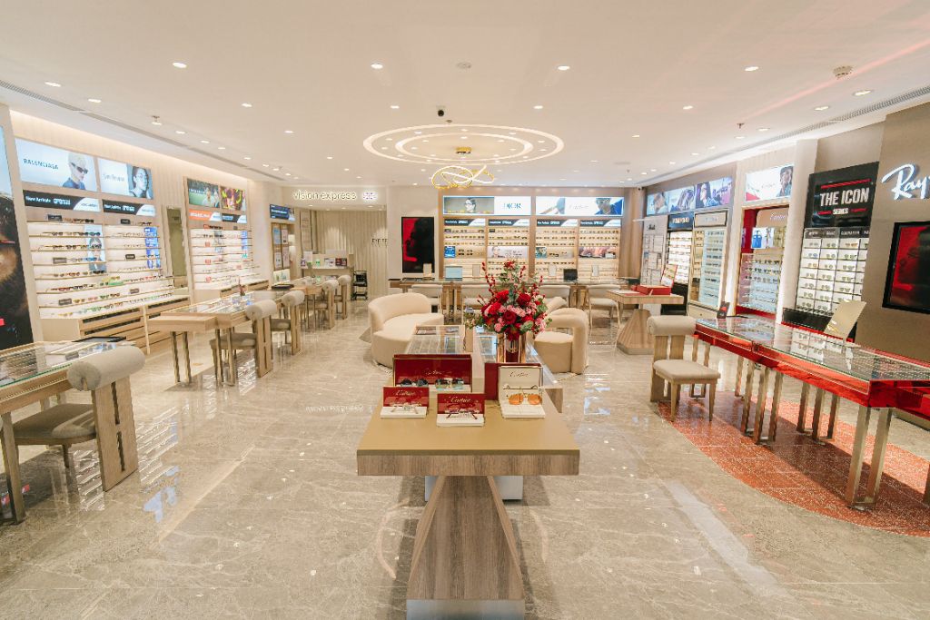 Vision Express showroom with premium eyewear displays and lounge seating